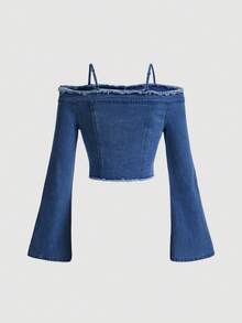 SHEIN MOD Women's Frayed Shoulder Flare Sleeve Single-Breasted Denim Blouse - Medium Wash - View 2