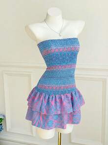 Women's Floral Print Ruffle Hem Strapless Mini Dress, Vacation Style - Multicolor - View 3