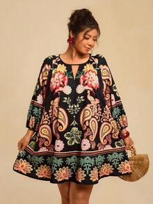 Travachic 大码女式黑米色复古印花连衣裙，七分袖印花连衣裙，秋季连衣裙 - 黑色 - 查看 6