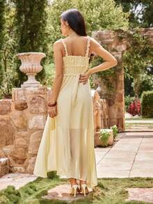 KARISMINA Women's Spring Summer Vacation Beige Solid Color Frill Trim Ruched Elegant Waist Midi Dress, Suitable For Elegant Vacation/Resort Wear, Spring/Summer,Wedding Guests Dres - Pale Yellow - View 3
