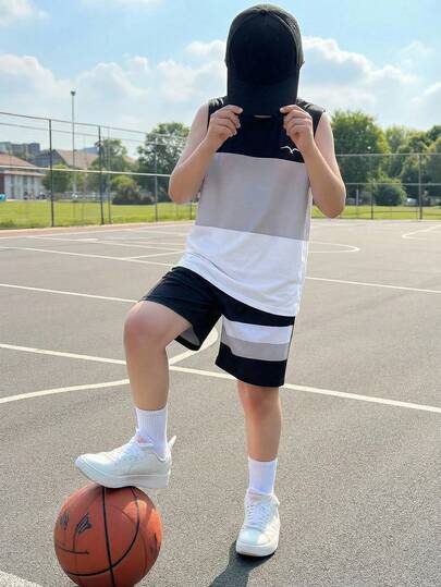 Fantacosmos 2pcs Teenage (Boys) Casual Sports Black White Grey Patchwork Sleeveless Tank Top And Shorts Set, Spring/Summer