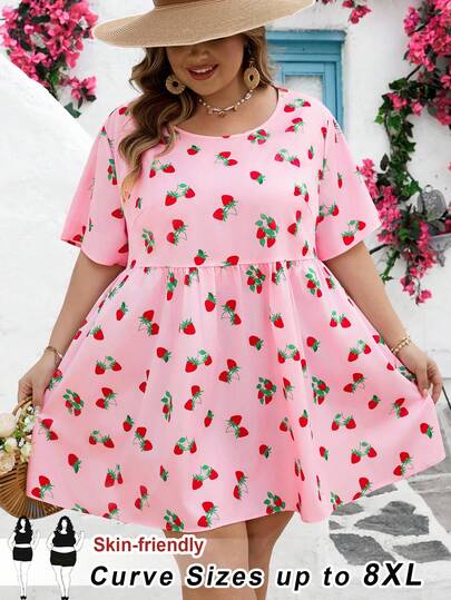 SHEIN CURVE+ Curve Size US22Music Festival, Seaside Vacation, Bohemia Women Loose Strawberry Print Smock Shirt, Suitable For Beach Holiday