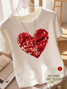 DrmWander Plus Size Heart Pattern Valentine's Day Casual Women Short Sleeve T-Shirt