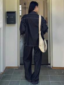 Livesso 女士宽松牛仔外套和休闲牛仔裤套装 - 藏蓝色 - 查看 2