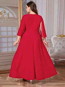 Reflora 大码女式V领腰部水钻装饰荷叶边下摆优雅收腰派对连衣裙 - 紅色 - 查看 3