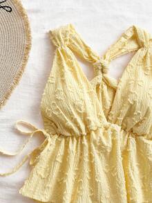 Soleia Women's 2pcs Summer Set Pale Yellow Boho Beach Vacation Holiday Textured Side Knot Camisole And Elastic Waist Shorts Set Carnival Outfits - Yellow - View 4