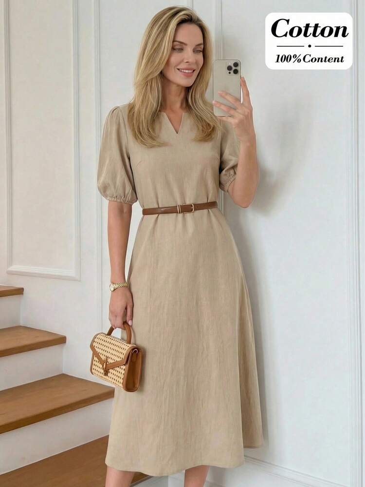 This Women's Summer Vacation Dress Features A Soft Light Brown Base, With A Comfortable, Breathable, And Relaxed Texture. The Minimalist Solid Color Design Exudes A Gentle And Understated Elegance. The Silhouette Includes A Small V-Neck, Puff Sleeves, And An A-Line Maxi Skirt. The Fabric Is Skin-Friendly And Breathable, While The Flared Sleeves Add A Touch Of French Vacation Style. Perfect For Summer, This Dress Is Suitable For Beach Vacations, Outdoor Picnics, Or City Strolls. The Light Brown Base Conveys A Gentle Style While The Fabric Ensures Comfort, Making It A Versatile And Stylish Choice For Your Vacation Wardrobe.
