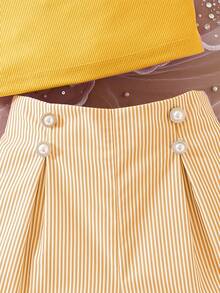 Sparklyn Bộ áo trễ vai họa tiết hoa và quần short sọc cho bé gái tuổi teen, thời trang khi đi làm và đi nghỉ - Màu vàng - Xem 6