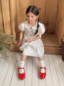DAZY Young Girl Peter Pan Collar Short Puff Sleeve Button Design Cute Dress - Beige - View 1