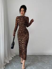SHEIN Tall Women's Brown Leopard Print Elastic Mesh Ruched Bodycon Dress, Fashionable And Elegant For Spring/Summer - Brown - View 4