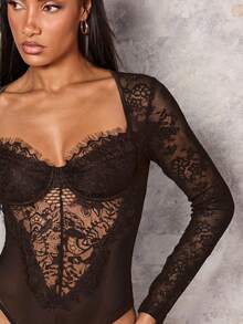 SHEIN Glamour 女士优雅性感纯色蕾丝拼接连体衣 - 咖啡棕 - 查看 4