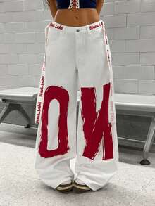 StreetHx Women's Letter Print Pocket Wide Leg Loose Casual Jeans - White - View 5