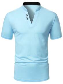 Manfinity Homme Men's Letter Print Short Sleeve Casual Commuter Polo Shirt - Baby Blue - View 4