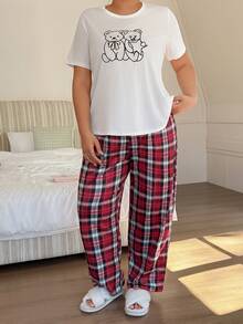 SHEIN Cute Cartoon Print T-Shirt & Plaid Pants Plus Size Pajama Set - White - View 2