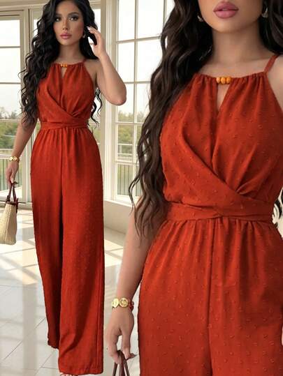 Rafferiza 女士提花露背交叉腰带复古优雅阔腿连体裤，适合情人节约会、夏季度假、朋友聚会、日常通勤。