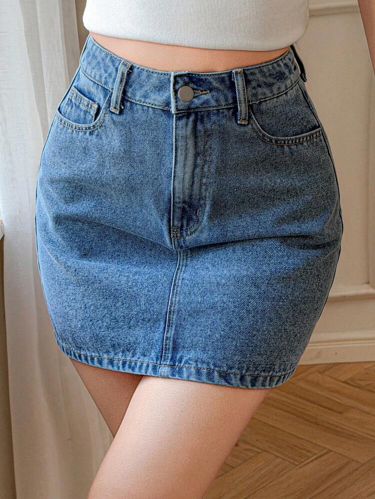 Women's Solid Color Slant Pocket Casual Versatile Denim Mini Skirt Summer
