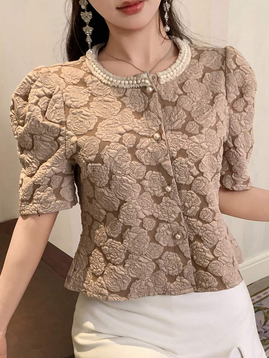 DAZY Women's Elegant Jacquard Puff Sleeve Blouse, Summer - Khaki - View 1