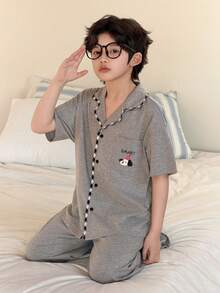 DAZY 男童字母印花短袖单排扣口袋上衣和裤子睡衣套装 - 灰色 - 查看 6