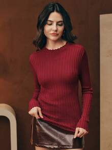 Anewsta Fine Merino Wool Turtleneck Comfortable Ribbed Elastic Knit Sweater - Red - View 6