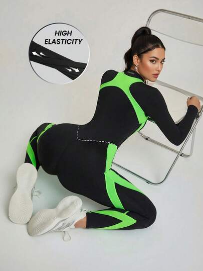 Innovista Woman Color Block Sports Jumpsuit Clothes Athletic Workout Outfits Affordable Premium, Chic Club Hijab Friendly Protection Ah Sports Training Aesthetic Lightweight Breathable Active Crop Top Zip Up With Leggings Phone Card Pocket Bottom Two Pieces Daily Athleisure Cycling Biker HIIT Office To Gym Activewear Fall