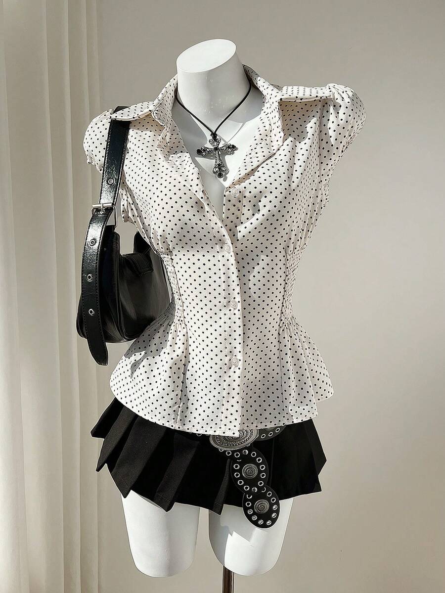 Elamini Retro Polka Dot Puff Sleeve Collared Button Down Waist Cinched Casual Shirt For Women - Apricot - View 1