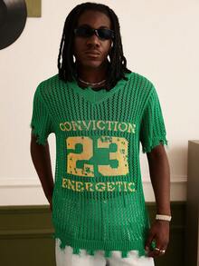 Manfinity Homme Men's Letter & Number Graphic Casual Knit Short Sleeve Top - Army Green - View 1