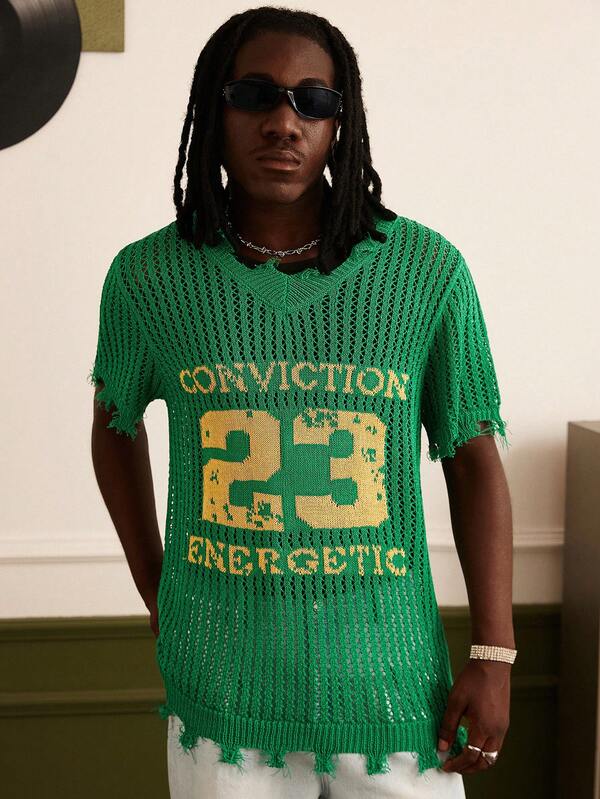 Manfinity Homme 男士字母数字图案休闲针织短袖上衣