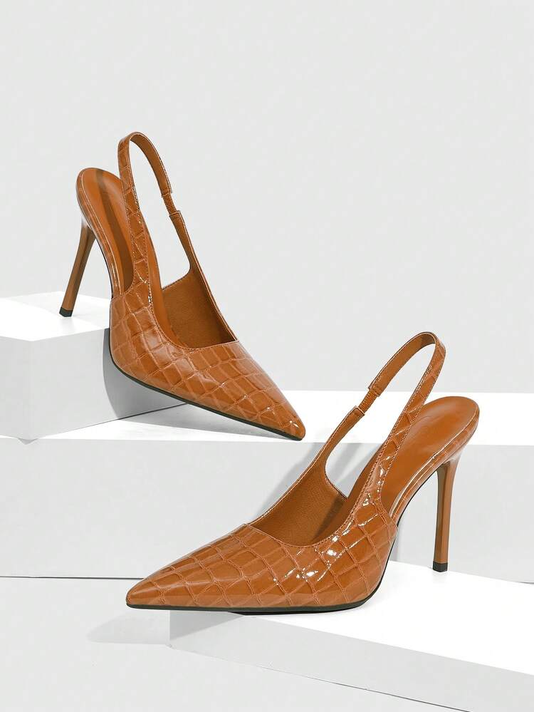 CUCCOO SZL Women Shoes Pointed Toe Thin High Heel Brown Mirror Embossed Low Vamp Slingback Women's High Heel Shoes Simple Elegant Fashion Sexy Holiday Party Women's High Heel Women's Shoes