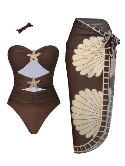 Swim Oasis 女士性感镂空拼接彩色海洋金属装饰连体泳衣，搭配渐变色网纱裙沙滩套装，春夏款