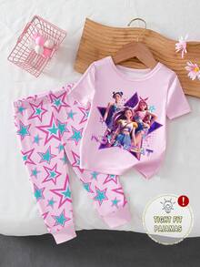 1 Set Pijama de top de manga corta y pantalones de ajuste ceñido con diseño de cuello y puños con gráfico de banda para niñas jóvenes, primavera/verano - Rosa - Ver 4