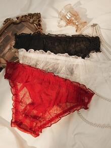 Seduluxe 3pcs/Set Plus Size Women's Fashion Ruffle Trim Bow Decor Lace Panties - Multicolor - View 2