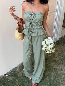 SHEIN EZwear Summer Outfits  2pcs Green Knit Casual Women Pleated Bandeau Top And Pants Set - Green - View 3