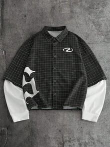 AXEPEAK Men's Casual Fashion Street Daily Commute College Style Patterned Letter Print Long Sleeve Shirt, Spring/Autumn - Black and White - View 1