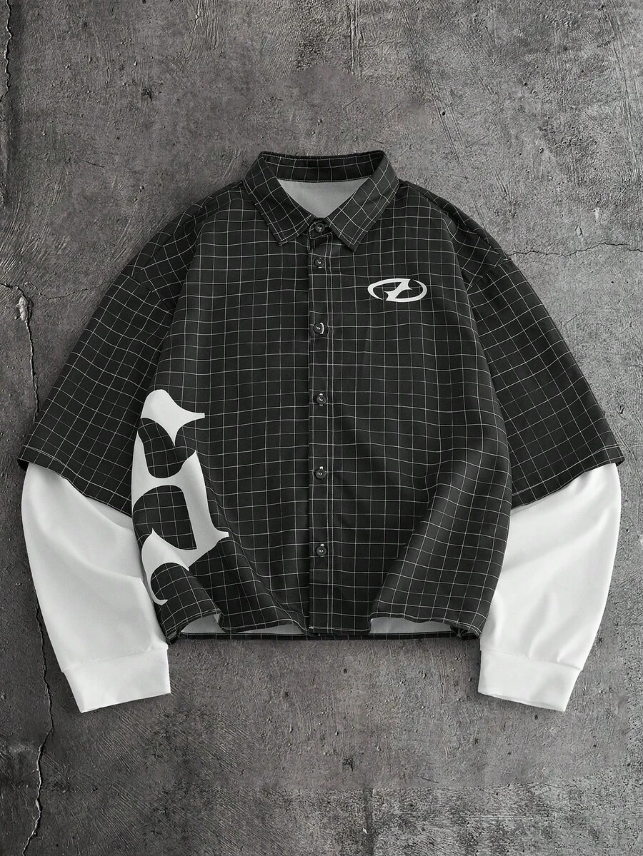 AXEPEAK Men's Casual Fashion Street Daily Commute College Style Patterned Letter Print Long Sleeve Shirt, Spring/Autumn - Black and White - View 1