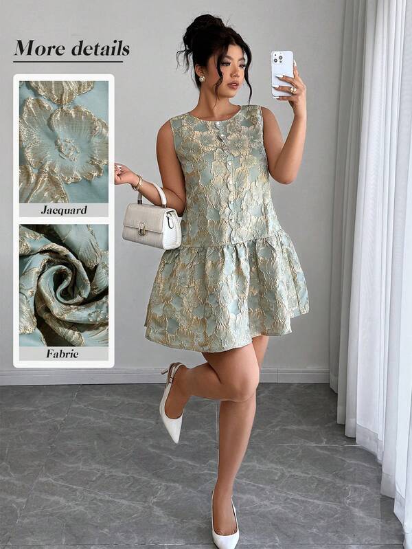 Elenzga Đầm nữ cỡ lớn thanh lịch cổ tròn viền bèo nhún chất liệu jacquard, thích hợp mặc hàng ngày, công sở và dạo phố, mùa xuân/hè.