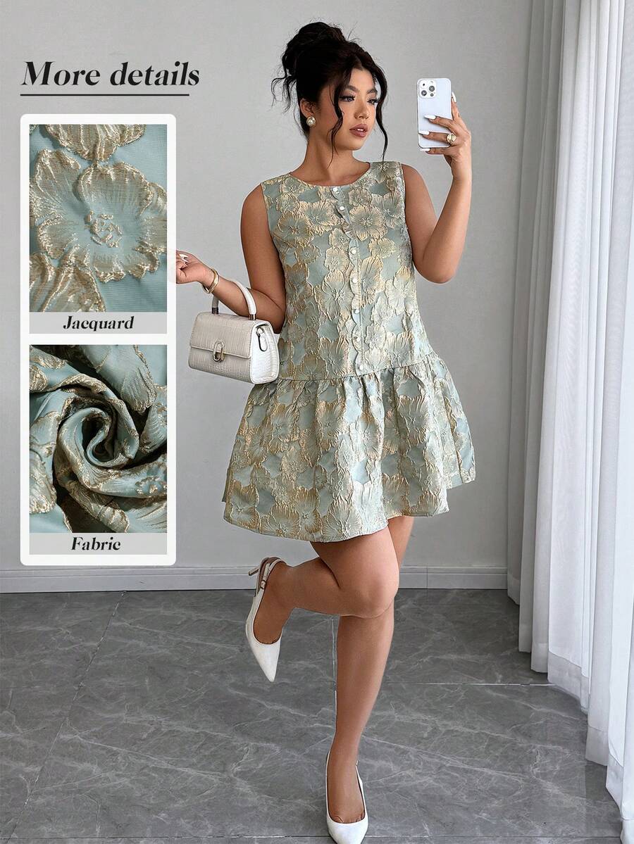 Elenzga Plus Size Women's Elegant Round Neck Ruffle Trim Jacquard Fabric Dress, Suitable For Daily, Office, And Casual Wear, Spring/Summer - Green - View 1
