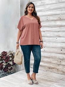 EMERY ROSE Áo sơ mi ngắn tay màu cam đính cúc dành cho nữ cỡ lớn, thích hợp cho mùa xuân. - trái cam - Xem 5