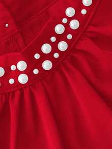 Elenzga Áo sơ mi nữ cỡ lớn mùa xuân/hè mới, cổ tàu, chất liệu chiffon đính ngọc trai, tay ngắn bồng bềnh, thích hợp cho các buổi gặp gỡ trang trọng, hẹn hò lãng mạn, ngày Valentine, đi làm, lễ hội âm nhạc, đám cưới lãng mạn: Trang phục công sở thanh lịch sang trọng, thời trang tối giản cỡ lớn. - Đỏ - Xem 6