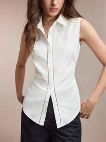 BizChic Áo sơ mi nữ không tay, cổ bẻ, cài khuy trước, một hàng cúc, màu trắng tinh khôi, kiểu dáng xuân/hè, có dây buộc ren ở eo, có thể điều chỉnh độ rộng, phù hợp cho mọi dịp, thanh lịch cho công sở và mặc hàng ngày. - trắng - Xem 2