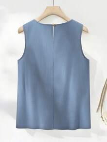 SHEIN Franclia 女士褶裥无袖A字型棉质衬衫 - 藍色 - 查看 2