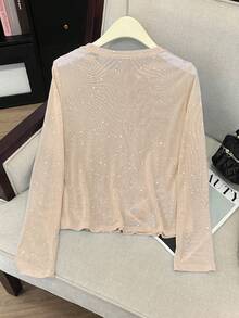 SHEIN Franclia 圆领长袖休闲百搭上衣，金属印花 - 杏色 - 查看 2