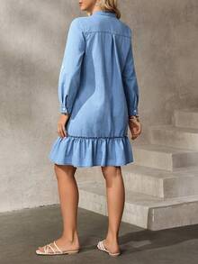 EMERY ROSE Women's Casual Vacation & Commute Denim Dress With Notched Neck, Roll Tab Sleeves, Ruffle Hem And Flap Pockets, Suitable For Spring, Summer And Autumn - Blue - View 2