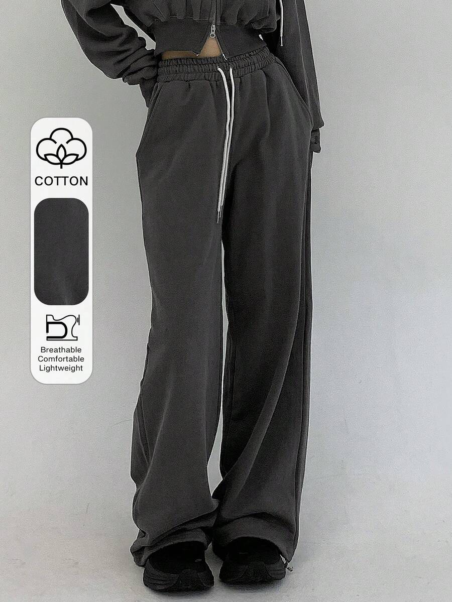 DAZY 女式纯色抽绳腰裤秋季 - 灰色 - 查看 1