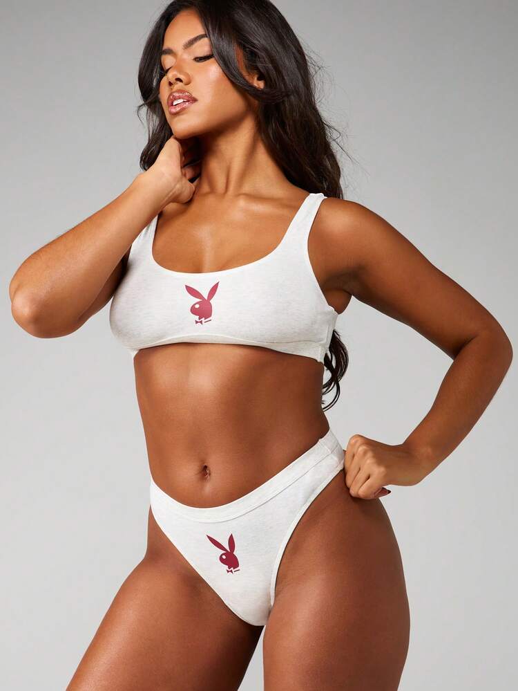 Missguided x Playboy Logo Scoop Neck Bralette And Thong Set Unlined Comfort Lingerie Two Piece Intimate Undergarment Collection Soft Cotton Blend