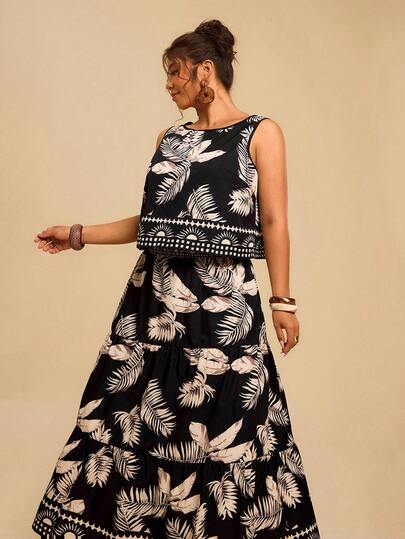 Travachic Plus Size Women Tropical Plant Print Round Neck Tank Top And Skirt Set, Casual Holiday Outfit