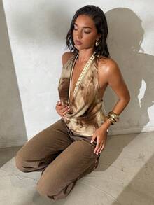 Aloruh Women's Fashion Sexy Tie-Dye Print Plunging Neck Backless Halter Top - Khaki - View 5
