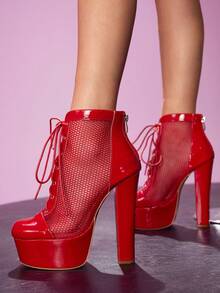 CUCCOO LuxiPop 女士户外圆头厚底高跟防水厚底网布和PU面料系带设计时尚舒适日常、派对、夜店、宴会拉链凉鞋靴 - 紅色 - 查看 5