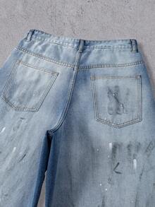 Manfinity Denimwave 男士手绘印花阔腿牛仔裤 - 淺色水洗藍 - 查看 4