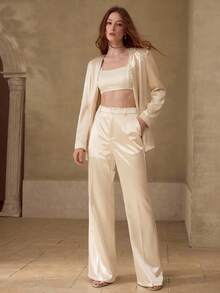 MOTF PREMIUM WOMEN'S SATIN TWILL FLARED LEG TROUSERS - Apricot - View 5