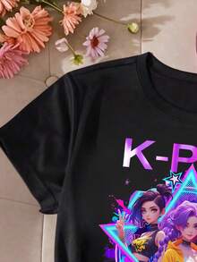 少女黑色圆领短袖印花T恤，休闲舒适时尚简约百搭卡通创意趣味明星动漫韩流风格字母印花图案T恤 - 黑色 - 查看 4